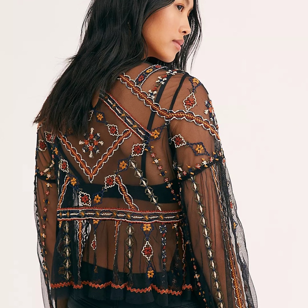 Free People Give A Little Mesh Top Black Embroidered Boho XS - Picture 2 of 10
